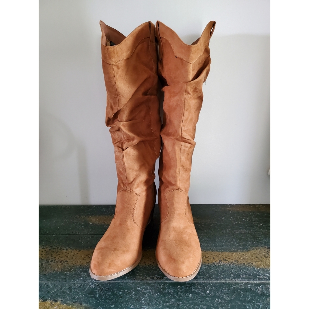 Worn Tan Faux Suede Western Boots